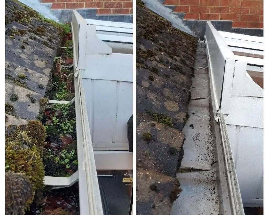 Moss-clogged conservatory valley gutter cleared back to clean plastic — before and after