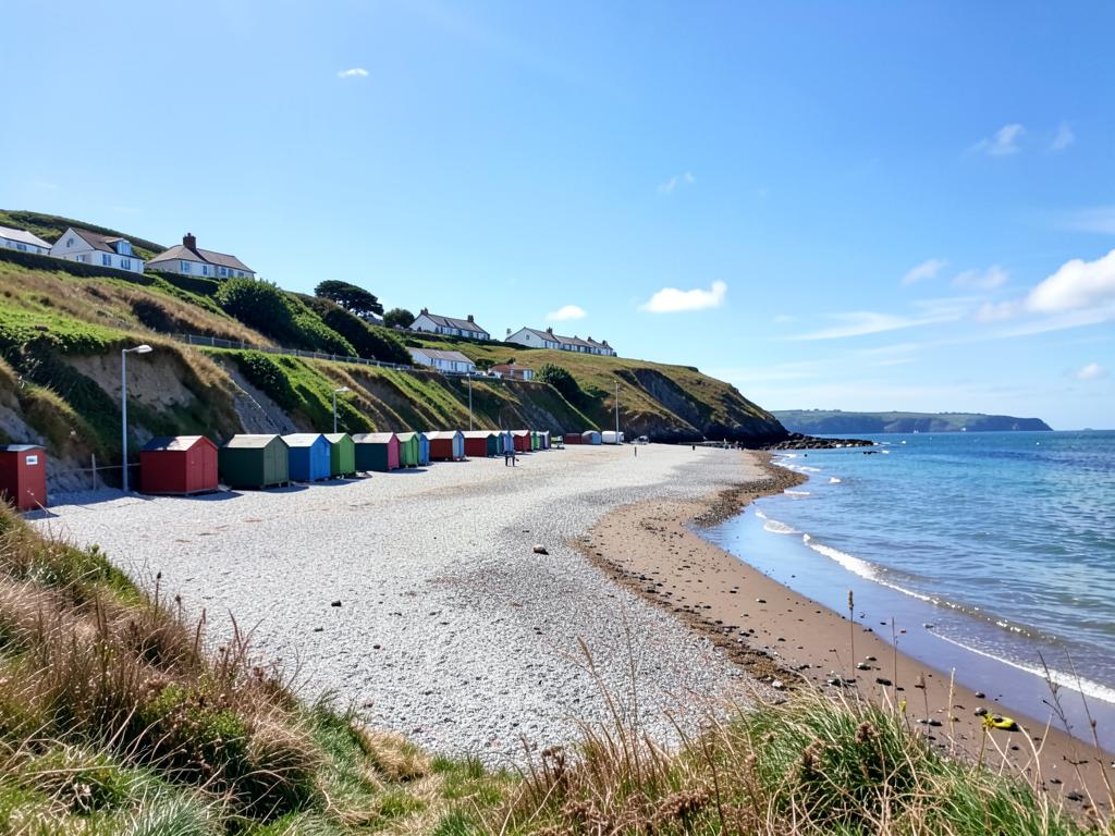 Hill Head shingle beach on the Solent with colourful beach huts and clifftop houses looking toward the Isle of Wight