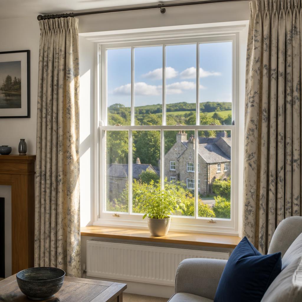 Streak-free interior sash window looking out onto a bright English garden after internal window cleaning
