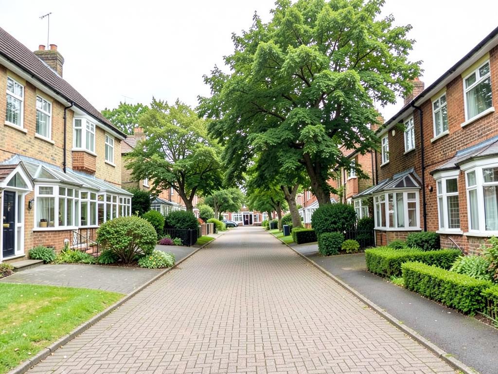 Leafy Park Gate avenue lined with brick houses, conservatories and block-paved driveways