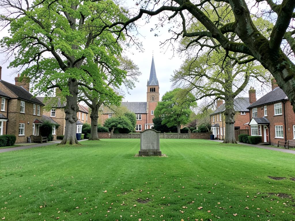 Sarisbury Green village green with mature oak trees, war memorial and the church spire behind