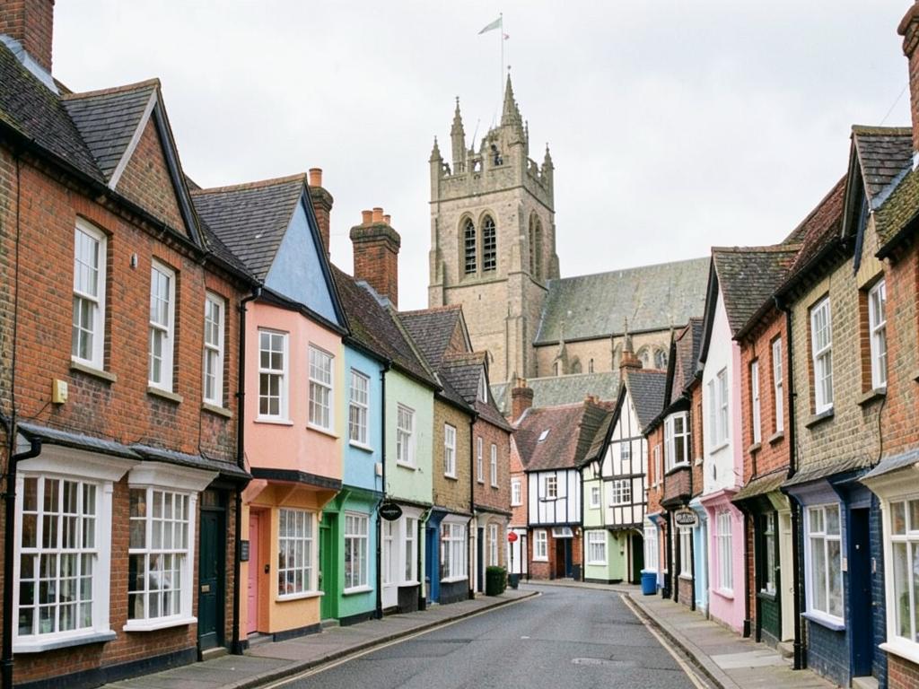 Historic Titchfield village street of painted cottages and brick frontages with St Peter's church tower beyond