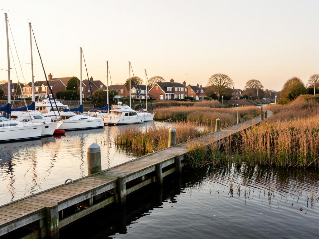 Warsash waterfront on the River Hamble with moored yachts, a timber jetty and waterside houses beyond the reeds